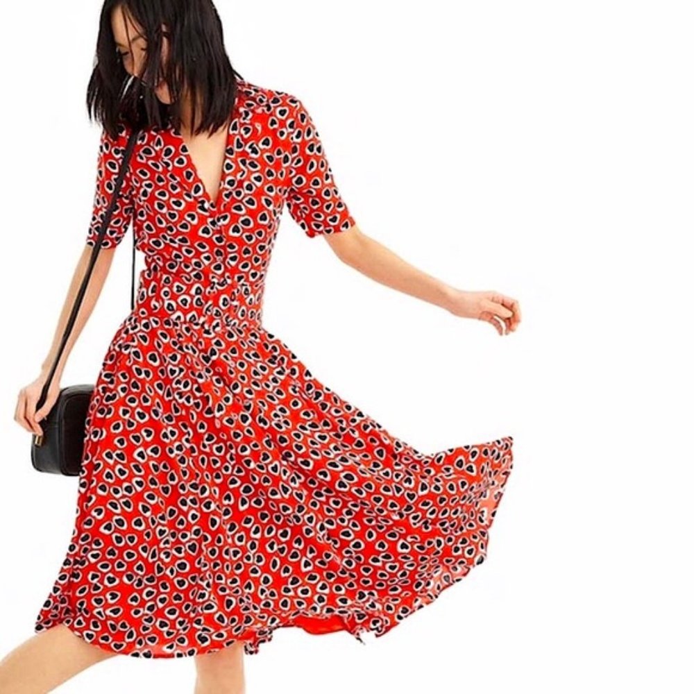 J.CREW Rudbeckia Printed Crepe Heart Dress In Red